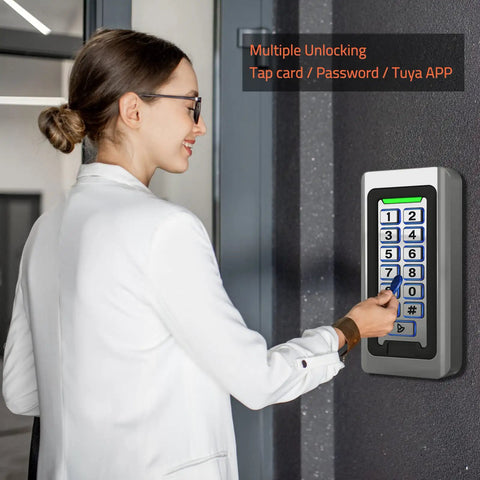 Person using Wireless Keypad Access Control System With Weatherproof Metal Build Stand Alone Door Entry EM Card Reader