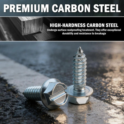 Heavy Duty License Plate Screws Set With Nylon Inserts For Front And Rear Bolts Anti Rust 4 Pack Keeps Your Number Plates Secure On Most Vehicles Durable Silver Finish Includes 1x0.5x0.5 Inch Size shown on wet surface.
