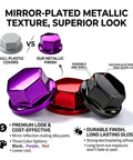 Three Badass Universal Motorcycle Bolt Covers in black, purple, and red showcasing durable ABS shell and metallic finish.