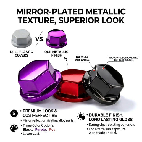 Three Badass Universal Motorcycle Bolt Covers in black, purple, and red showcasing durable ABS shell and metallic finish.