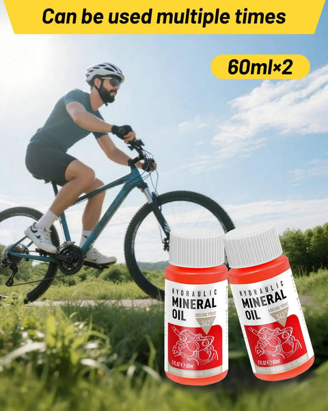 Cyclist with Brake Bleed Kit For Shimano TeKTro TRP Hydraulic Disc Brakes With 120 ML Mineral Oil Fluid And Funnel bottles shown.