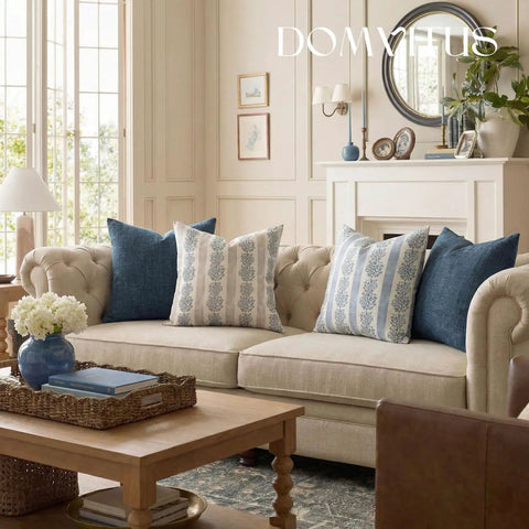 Floral Throw Pillow Covers 18x18 Inch Set Of 2 Light Blue Floral Block Print Decorative Pillow Covers For Couch Sofa Bed Living Room Neutral Farmhouse Boho Cozy Home Decor Cover Only on beige sofa