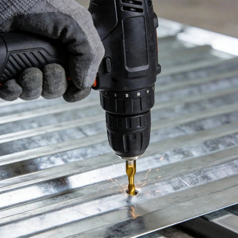 Six Piece Drill Tap Set Three In One Combo Hex Shank Bits HSS 4341 Deburring Tapping Drilling Tool Kit in use on metal