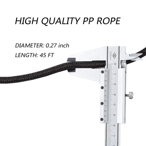 High-quality PP rope with caliper showing 0.27-inch diameter and 45 ft length, part of Dual Pack Ceiling Bike Hoists For Garage Storage