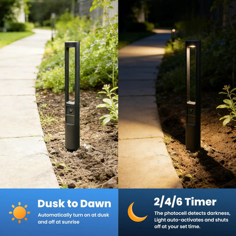 All In One Low Voltage Landscape Lighting Kit With Transformer And Dusk To Dawn Sensor, path light on pathway during day and night