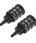 Two-pack black hose inlet filter screens with mesh and barbed fittings for 3/8–1/2 in hoses