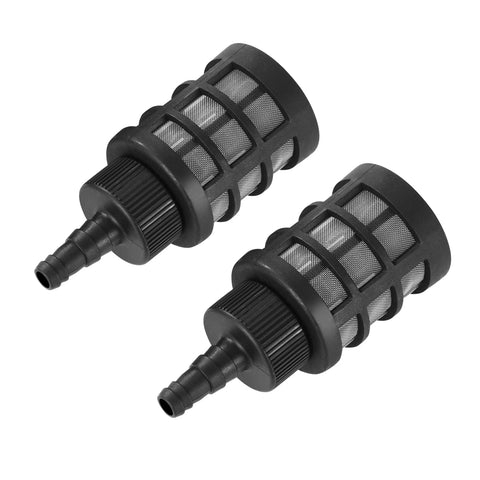 Two-pack black hose inlet filter screens with mesh and barbed fittings for 3/8–1/2 in hoses