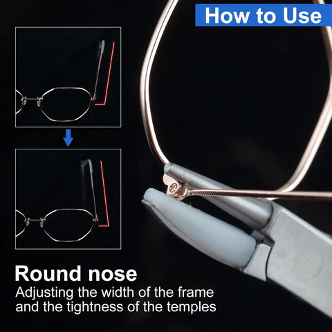 Pro Grade 6 Inch Nylon Jaw Round And Flat Nose Pliers For Eyeglasses Adjustment showing usage on eyeglasses frame adjustment.