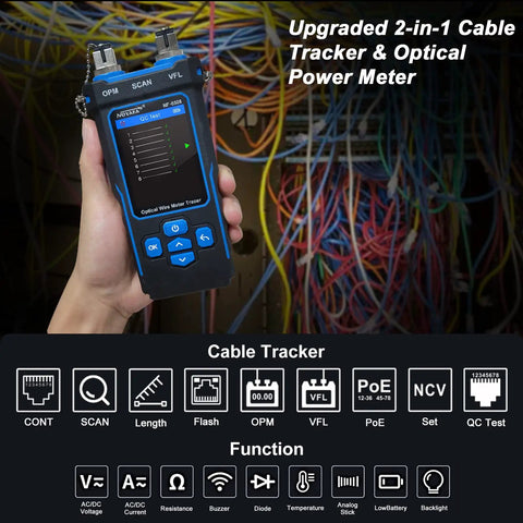 Ultimate All In One Boss Grade Network Cable Tester With Optical Power Meter For PoE Tests And QC Checks Featuring Continuity Test Cable Scan Length Measurement Port Flash VFL And NVC Functions, handheld in wiring closet