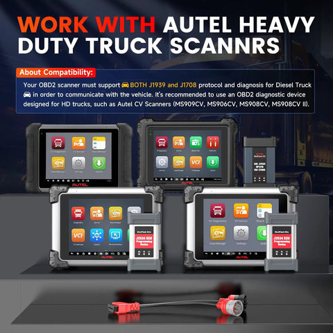 Autel heavy duty truck scanners with Beefed Up Heavy Duty Diesel Truck OBD To Type 2 Split Cable With 9 Pin J1939 And 6 Pin J1708 Connectors To 16 Pin OBDII Female Splitter Adapter displayed.