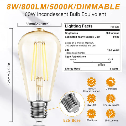 Dimmable LED Edison Bulbs 8W Equivalent 60W E26 Filament Vintage Vibe Daylight 5000K Bright White ST19 ST58 features chart