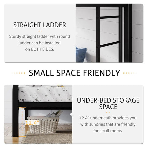 Rock Solid Twin Over Full Bunk Bed With Heavy Duty Steel Frame showing a straight ladder and under-bed storage space.