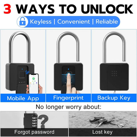 Fingerprint Padlock With Key Backup Weatherproof Biometric Lock With Bluetooth App Control Keyless Smart Electronic Lock usage diagram