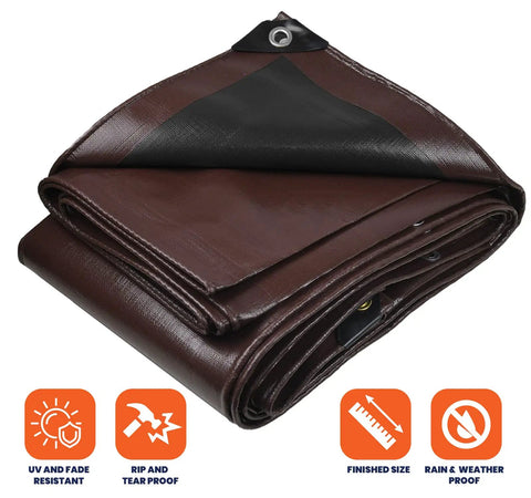 Heavy Duty 10 Mil Tarp Cover Waterproof UV Resistant Rip And Tear Proof Poly Tarpaulin With Reinforced Edges, Brown Black 20x40