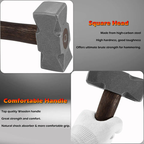 2.2Lb Double Faced Forging Square Hammer For Farrier Bladesmithing And Blacksmithing Anvil Work with high-carbon steel head