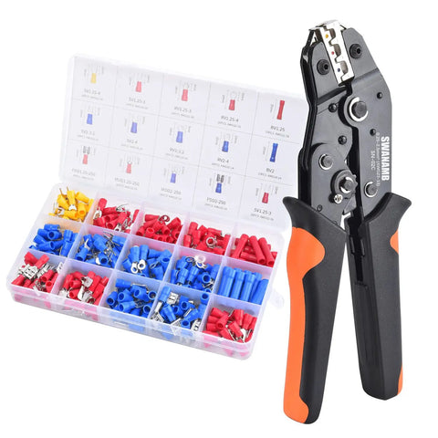Crimping Tool Kit With 280 Insulated Wire Connectors For AWG 23-13 0.25-2.5mm2 Heavy Duty Pliers Set displayed with connectors.