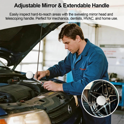 Mechanic using Pro Grade Telescoping Inspection Mirror With Rotating Head And Clip On Extendable Handle for engine inspection