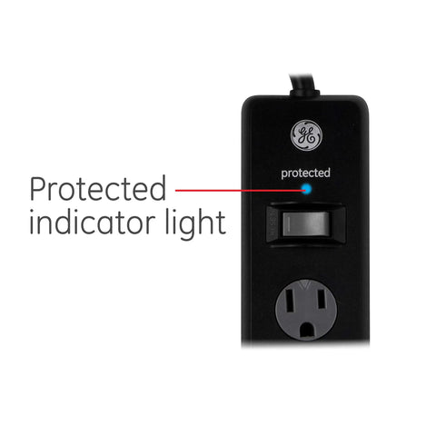 Close-up of Surge Protector Power Strip With Six Outlets Eight Foot Extension Cord 1300 Joules showing protected indicator light