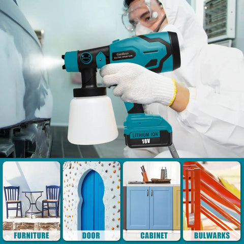 Person using Cordless HVLP Paint Sprayer With Dual Nozzles And Three Spray Patterns For Furniture Cabinets Walls And Fence Staining 18V Battery Powered, Spraying Metal