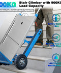 Motorized Electric Stair Climbing Dolly With Heavy Duty 900 Lbs Capacity And 1250w Motor For Tough Moving Jobs in use carrying a refrigerator.