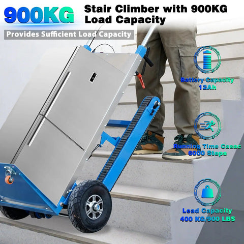 Motorized Electric Stair Climbing Dolly With Heavy Duty 900 Lbs Capacity And 1250w Motor For Tough Moving Jobs in use carrying a refrigerator.