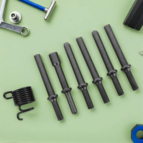 Pneumatic Air Hammer Tool Kit With Solid And Semi Hollow Rivet Heads Steel Construction And Spring Included For Easy Auto Body Smoothing Sheet Metal Shaping And Pro Grade Automotive Repair, black rivet heads