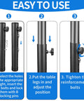Top Shelf Folding Table Leg Extenders With Grippy Foam Pads And Secure Clips Boost Your Home Office Or Dinner Table Instantly Includes Four Adjustable Risers assembly guide showing adjustable holes and locking mechanisms.