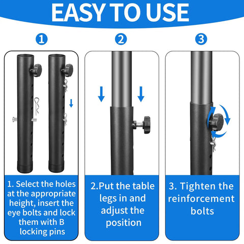 Top Shelf Folding Table Leg Extenders With Grippy Foam Pads And Secure Clips Boost Your Home Office Or Dinner Table Instantly Includes Four Adjustable Risers assembly guide showing adjustable holes and locking mechanisms.