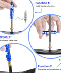 All In One Valve Core Repair Kit With Presta Tubeless Caps Core Removal Tools And Adapters 26 Piece Set showing installation functions