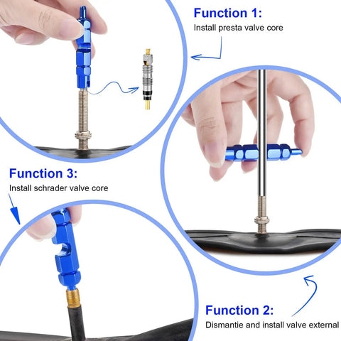 All In One Valve Core Repair Kit With Presta Tubeless Caps Core Removal Tools And Adapters 26 Piece Set showing installation functions
