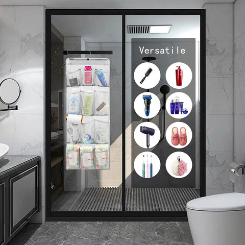 Mesh Shower Organizer Hanging Caddy With Rotating Hanger in bathroom, displaying toiletries in 12 pockets, nylon mesh.