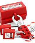 Electrical Lockout Tagout Kit with hasps, tags, breaker lockouts, and nylon ties in red for safe lockout on job site.