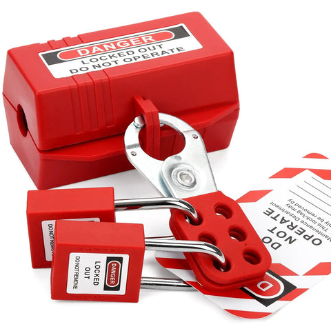 Electrical Lockout Tagout Kit with hasps, tags, breaker lockouts, and nylon ties in red for safe lockout on job site.