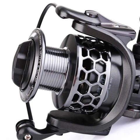 Close-up of Lightweight Ultra Smooth Aluminum Spinning Fishing Reel With Graphite Spool and CNC aluminum handle
