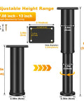 Heavy Duty Adjustable Bed Support Legs For Bedroom Frames And Living Room Sofas Includes A Bulletproof Four Piece Set Of Thick Metal Replacement Stumps With Swivel Leveling Base That Levels Out Any Floor Smooth And True From Seven To Thirteen Inches, showing adjustable height range and dimensions.