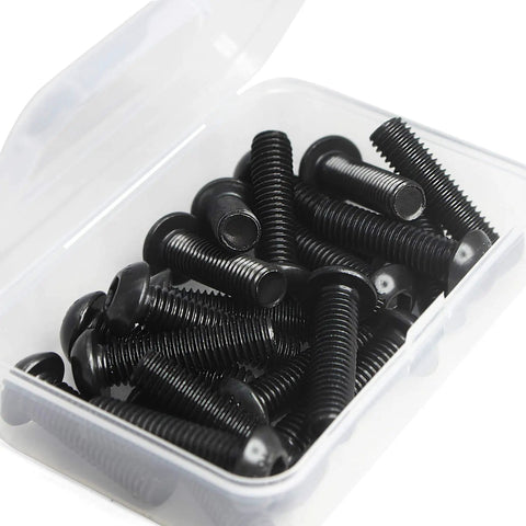 Top Tier M3 X 30mm Button Head Socket Cap Screws Built Tough As Nails With 10.9 Grade Alloy Steel And Durable Black Oxide Finish Featuring Metric Allen Hex Drive Totally Threaded A Solid 50 Pack in a clear container.