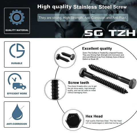 Image of Durable One Quarter Inch By Two Inch Lag Screws Set Twenty Pieces Hex Head Wood Bolts Black Oxide Made From 304 Stainless Steel Eighteen Eight Grade With Partial Thread For Solid Fastenings Ideal For Decks Fences Sheds And Outdoor Wood Projects SG TZH, highlighting quality, screw teeth, and hex head features.