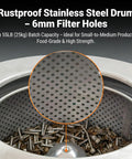 Rustproof stainless steel drum of Industrial Centrifugal Dehydrator Beast For 55 Pound Solid Liquid Separator Biomass Oil Extraction And Textile Hardware Drying Stainless Steel 960 RPM 220V Three Phase with 6mm filter holes.