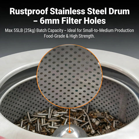 Rustproof stainless steel drum of Industrial Centrifugal Dehydrator Beast For 55 Pound Solid Liquid Separator Biomass Oil Extraction And Textile Hardware Drying Stainless Steel 960 RPM 220V Three Phase with 6mm filter holes.