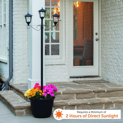 Triple Head Solar Lamp Post Set With Round Planter, Weather Resistant Outdoor Lighting In Black Finish near a front porch