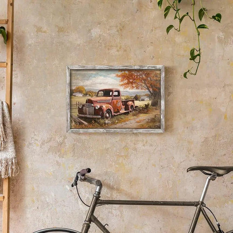 Vintage Red Pickup Truck Wall Art Rustic Farmhouse Barn Scene Horizontal Framed Print For Living Room Bedroom Or Home Office Cozy Country Vibe With Autumn Rural Charm