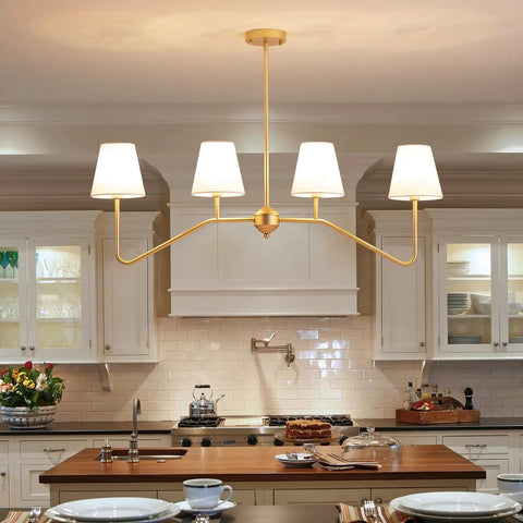 39 Inch Four Light Gold Island Pendant With White Fabric Shade Modern Dining Room Chandelier For Kitchen Island Foyer And Living Room E12 Bulb Base Gold Finish
