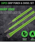16pcs grip punch and chisel set featuring sharp edges for automotive and metalworking tasks, pro grade tools in green.