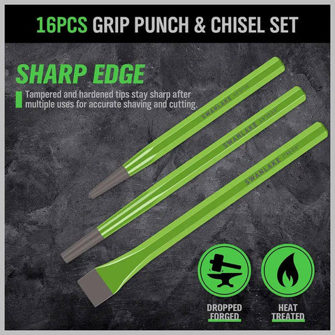 16pcs grip punch and chisel set featuring sharp edges for automotive and metalworking tasks, pro grade tools in green.
