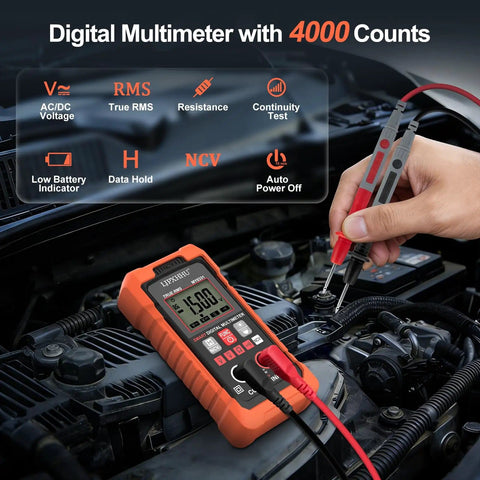 Must Have All In One Digital Multimeter Volt Meter on car engine testing AC DC voltage with red test leads.