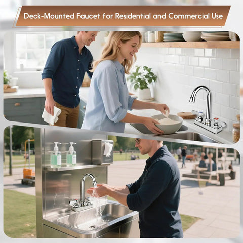 Commercial Bar Sink Faucet With Four Inch Center Deck Mount And Three And A Half Inch Gooseneck Swivel Spout in kitchen and outdoor settings.