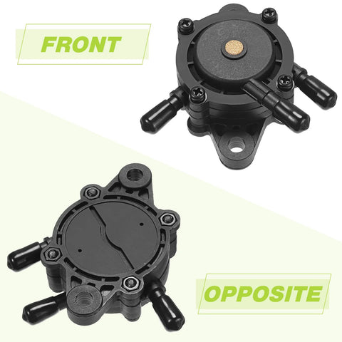 Four Pack Lawn Mower Fuel Pumps Replacement Kit for Easy Starts with front and opposite views showing durable black pumps.