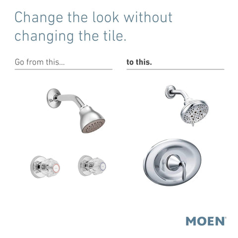 Eva Posi-Temp Eco-Performance Shower Trim Kit Brushed Nickel Conversion showing before and after 2-hole shower upgrade.