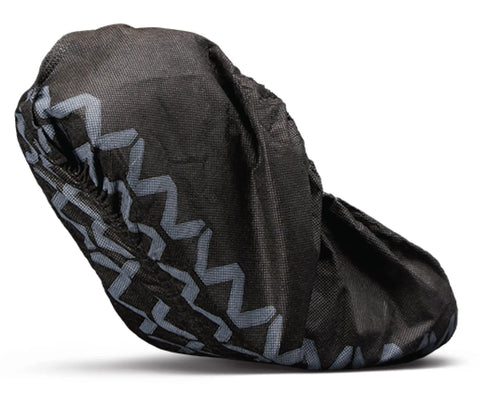 Side view of black rugged boot and shoe covers with grippy tread, showing the tough as nails material and nonwoven fabric.