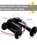 Dead Loud 12V Dual Trumpet Air Horn Kit With Compressor Fits Cars Trucks And Boats Dropping An Insane 120 Decibel Blast For Heavy Duty Warning Calls Keeping Drivers Safe Wherever You Roll Black, showing dimensions of 8.5x6.1x2.8 inches.